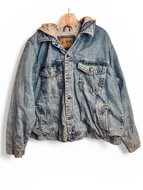 Canyon Guide Vintage Trucker denim sweatshirt hoodie distressed mens jacket szLg